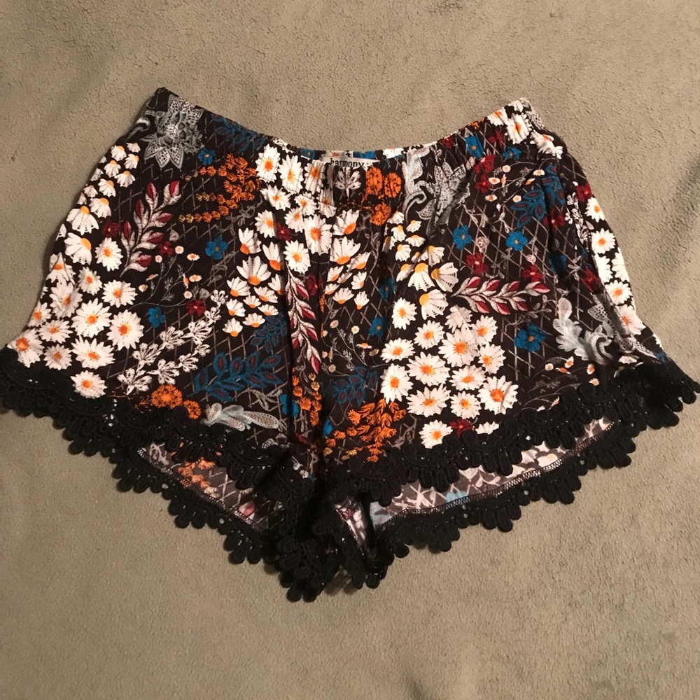 Black floral pattern lace lined shorts
